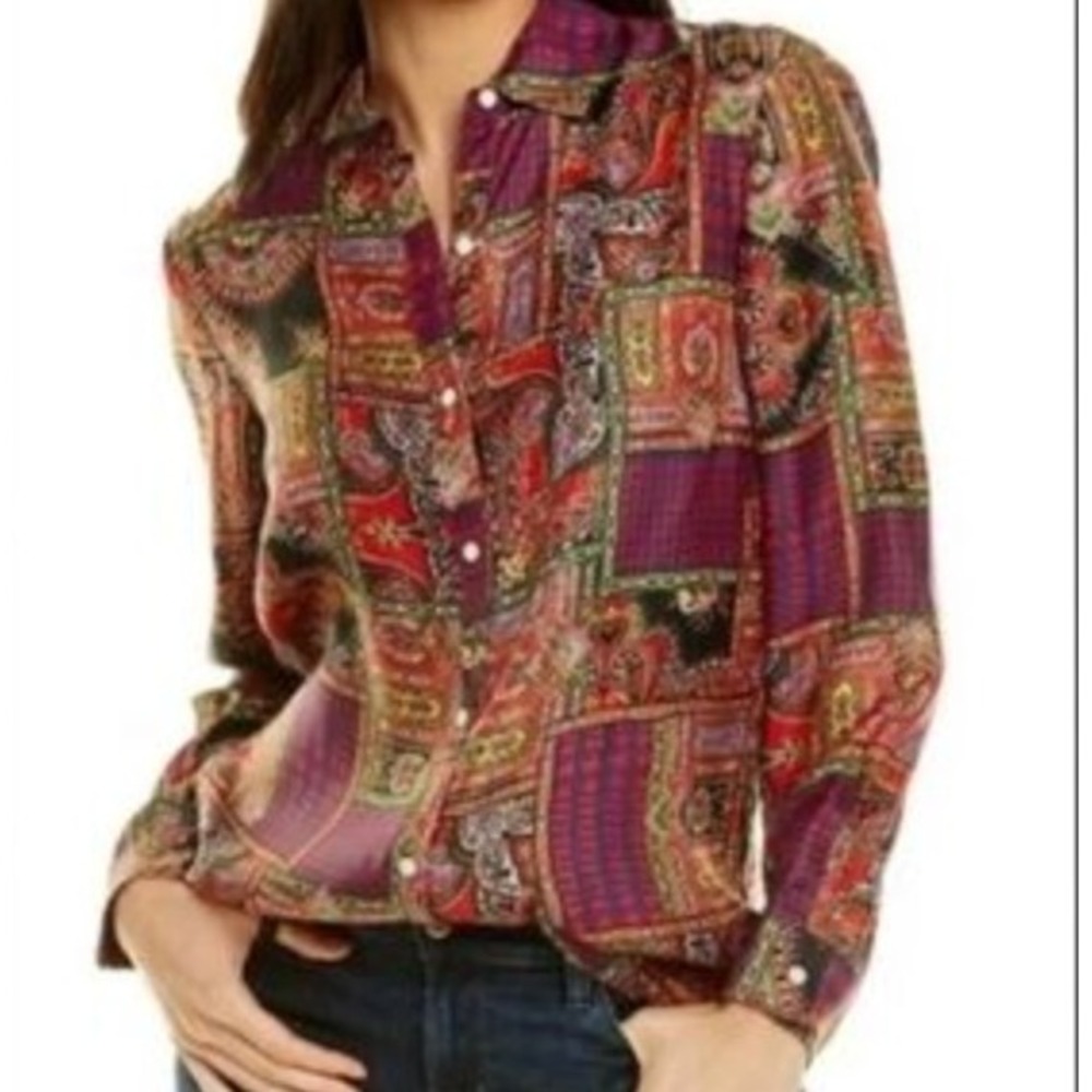 J.McLaughlin‎ XS Patchwork Paisley Print Long Sleeve Button Down Silk Shirt